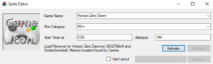 Screenshot of Livesplit Splits Editor showing the button to activate the Memory Based Load Remover